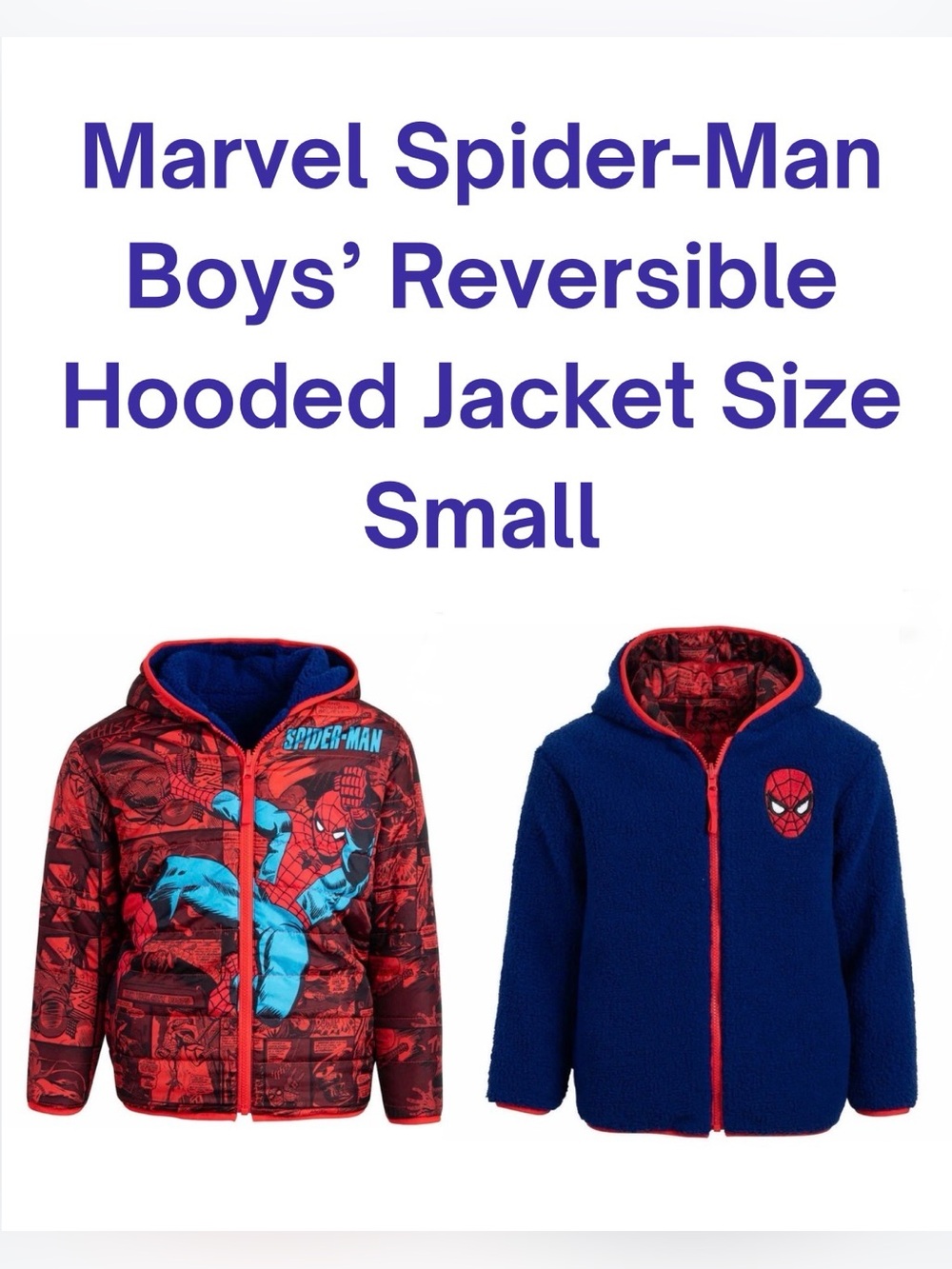 Marvel Spider-Man Reversible Jacket Boys Small – Blue Sherpa & Comic Print - HP